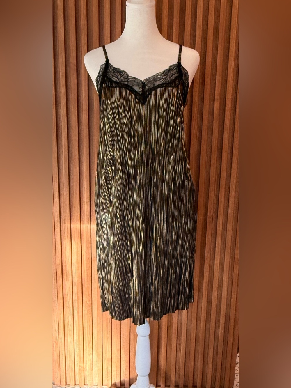Strapless Black and Gold Pleated Slip Dress